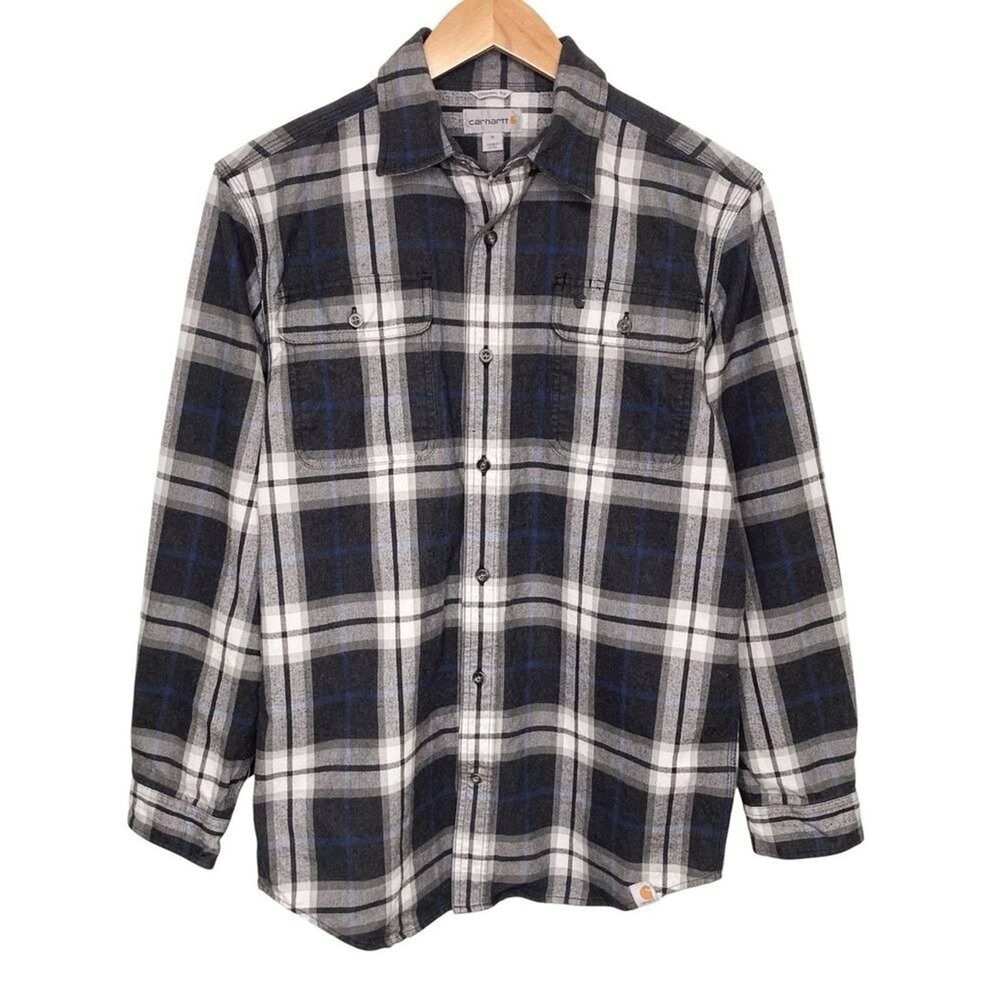 Carhartt Men Size Medium Gray Blue Black Plaid Button Up Flannel Shirt Workwear